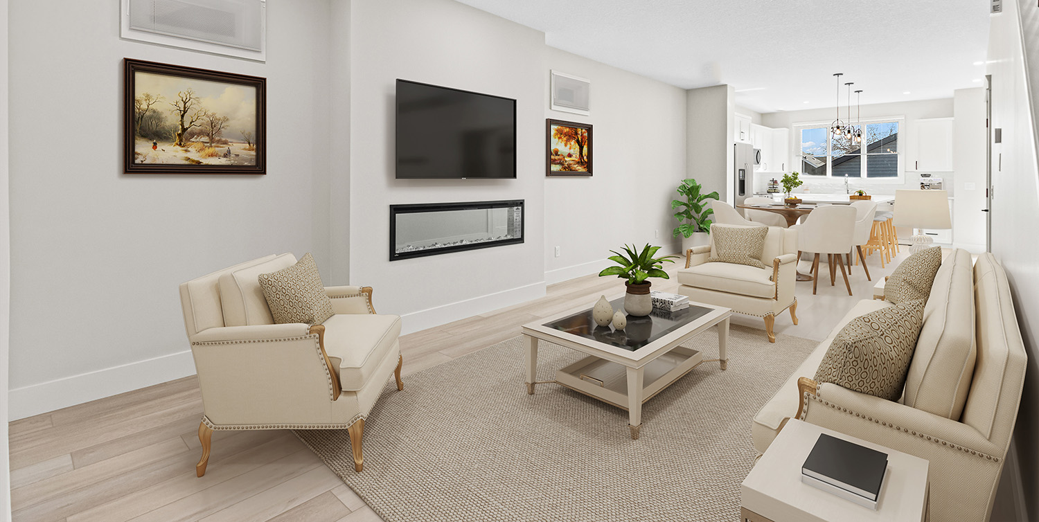 Living room with a linear fireplace in a custom infill home in Edmonton